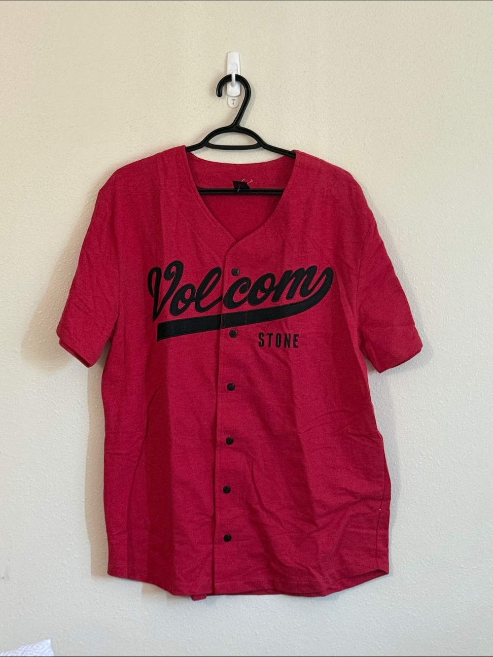 Volcom Red Baseball-Style Button-Up Shirt with Black Script